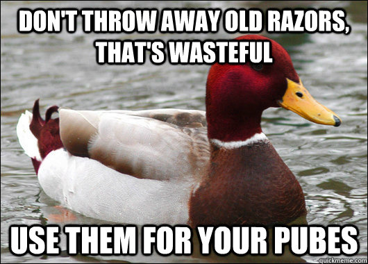 don't throw away old razors, that's wasteful use them for your pubes  Malicious Advice Mallard