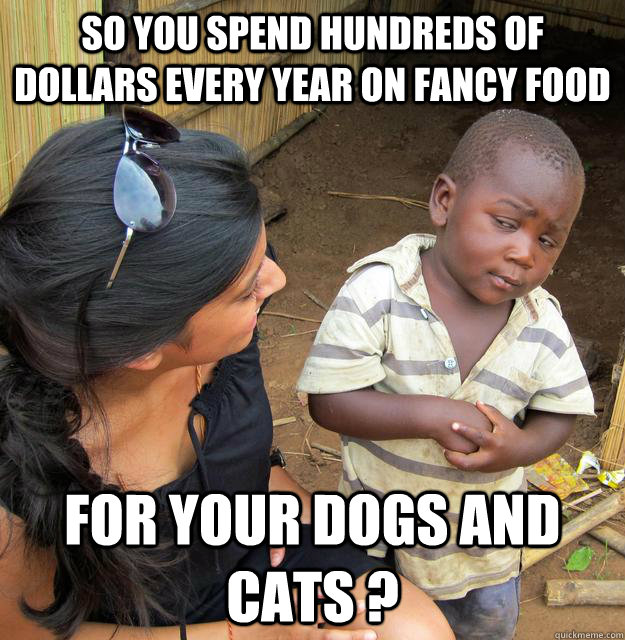 so you spend hundreds of dollars every year on fancy food  for your dogs and cats ?  Skeptical Third World Child