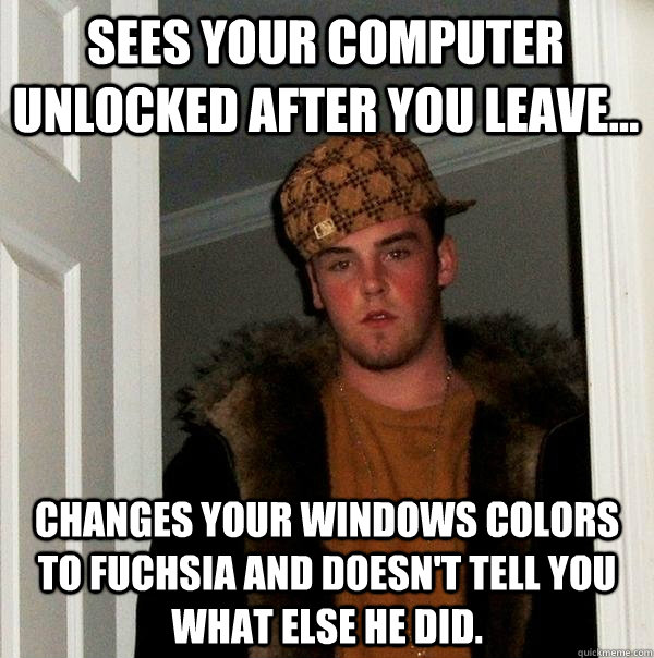 Sees your computer unlocked after you leave... changes your windows colors to Fuchsia and doesn't tell you what else he did. - Sees your computer unlocked after you leave... changes your windows colors to Fuchsia and doesn't tell you what else he did.  Scumbag Steve