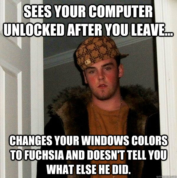 Sees your computer unlocked after you leave... changes your windows colors to Fuchsia and doesn't tell you what else he did.  Scumbag Steve