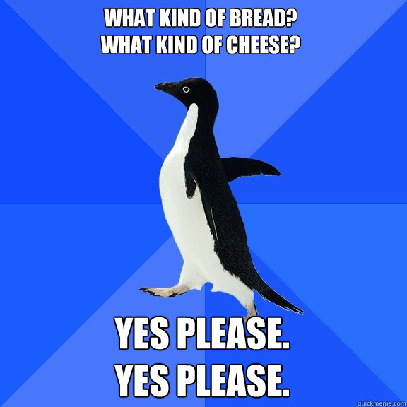 What kind of bread?
What kind of cheese? Yes please.
yes please.  Socially Awkward Penguin