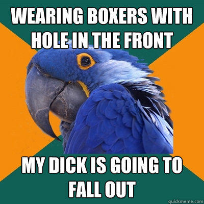 Wearing boxers with hole in the front My dick is going to fall out  Paranoid Parrot