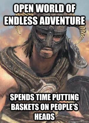 open world of endless adventure spends time putting baskets on people's heads  Scumbag low lvl Dovahkiin