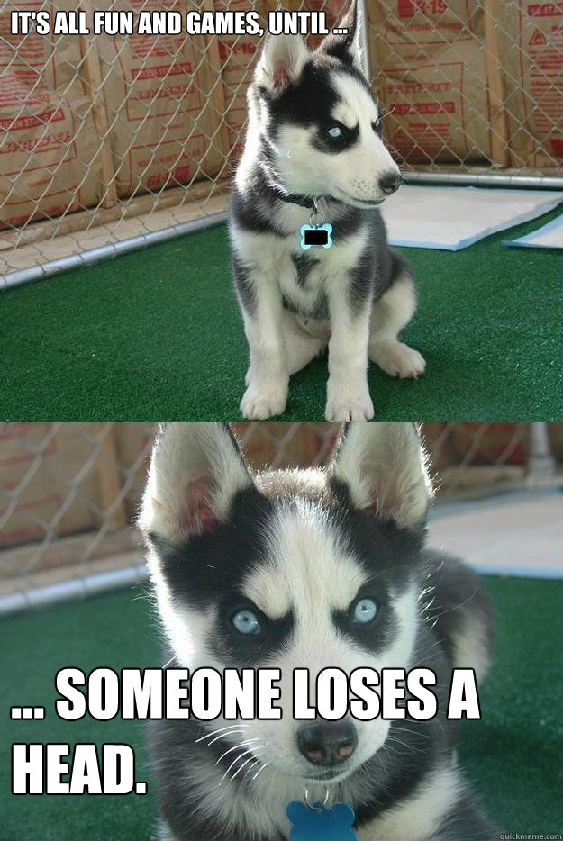 It's all fun and games, until ... ... someone loses a head.  Insanity puppy