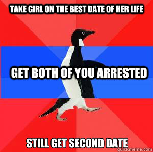 Take girl on the best date of her life get both of you arrested still get second date  Socially awesome awkward awesome penguin