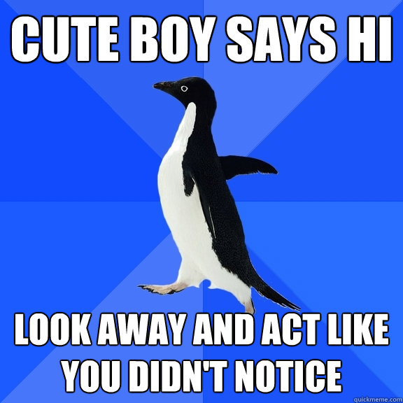 Cute boy says Hi Look away and act like you didn't notice  Socially Awkward Penguin