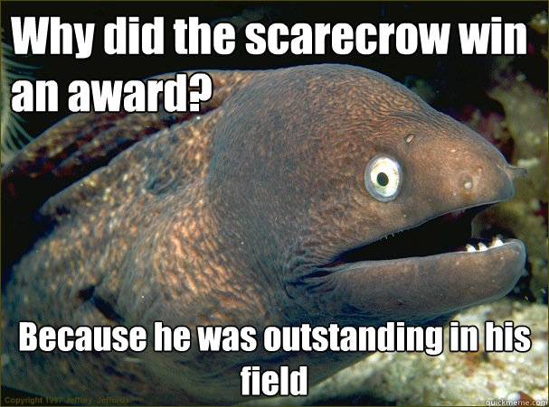 Why did the scarecrow win
an award? Because he was outstanding in his field  Bad Joke Eel