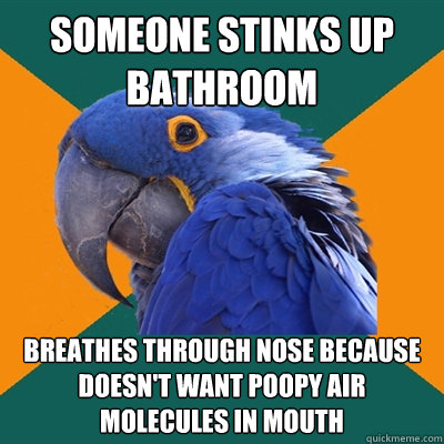someone stinks up bathroom breathes through nose because doesn't want poopy air molecules in mouth  Paranoid Parrot