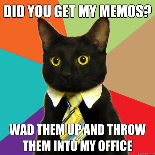 did you get my memos? wad them up and throw them into my office  Business Cat