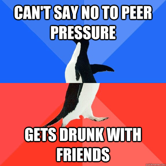 Can't say no to peer pressure Gets drunk with friends  Socially Awkward Awesome Penguin