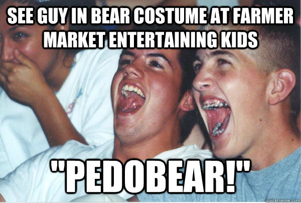 See guy in bear costume at farmer market entertaining kids 