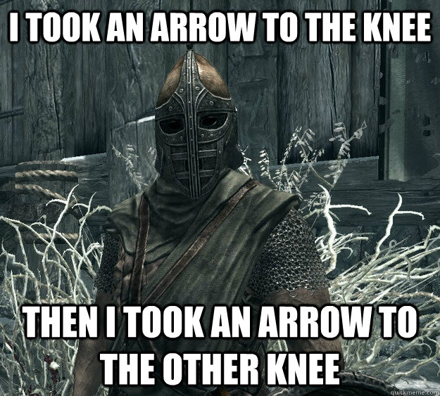 I took an arrow to the knee Then i took an arrow to the other knee - I took an arrow to the knee Then i took an arrow to the other knee  Skyrim Guard