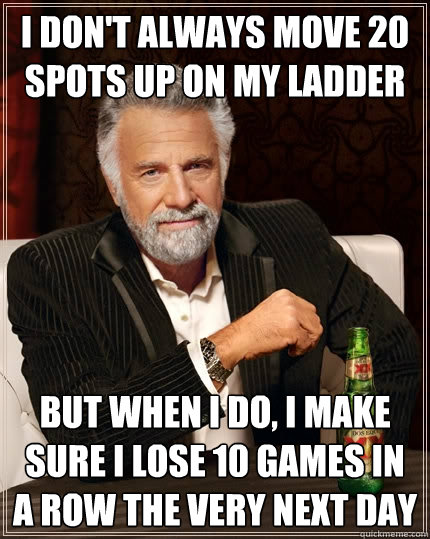 I don't always move 20 spots up on my ladder But when I do, I make sure I lose 10 games in a row the very next day - I don't always move 20 spots up on my ladder But when I do, I make sure I lose 10 games in a row the very next day  The Most Interesting Man In The World