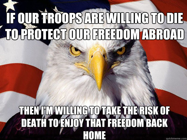 If our troops are willing to die to protect our freedom abroad Then I'm willing to take the risk of death to enjoy that freedom back home  Patriotic Eagle