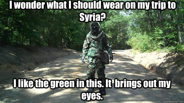 I wonder what I should wear on my trip to Syria? I like the green in this. It  brings out my eyes.  Vacation time