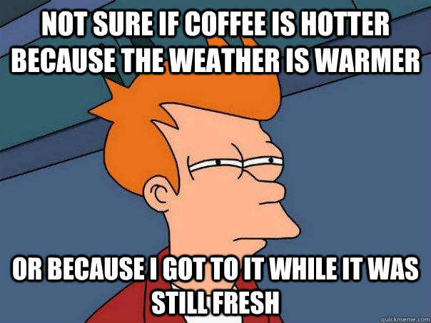 not sure if coffee is hotter because the weather is warmer or because i got to it while it was still fresh - not sure if coffee is hotter because the weather is warmer or because i got to it while it was still fresh  Futurama Fry