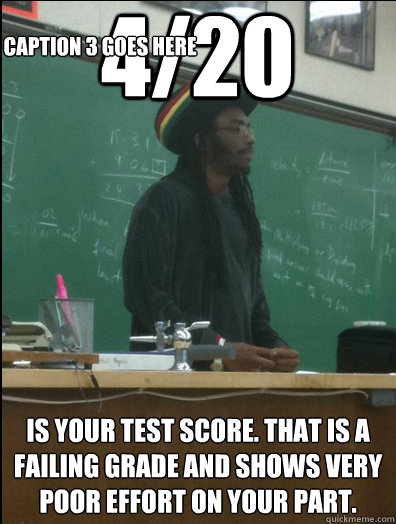 4/20 is your test score. That is a failing grade and shows very poor effort on your part. Caption 3 goes here - 4/20 is your test score. That is a failing grade and shows very poor effort on your part. Caption 3 goes here  Rasta Science Teacher