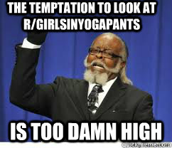 The temptation to look at r/girlsinyogapants is too damn high  to damn high