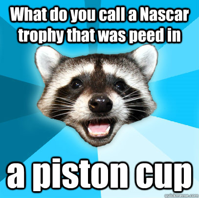 What do you call a Nascar trophy that was peed in a piston cup  Lame Pun Coon