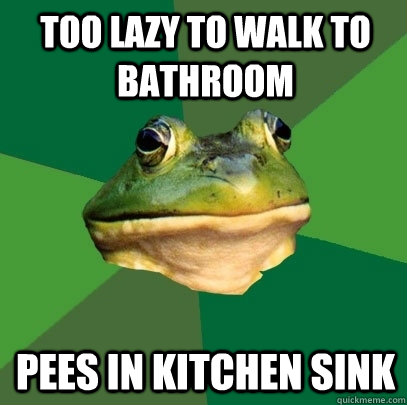 Too lazy to walk to bathroom Pees in kitchen sink  Foul Bachelor Frog