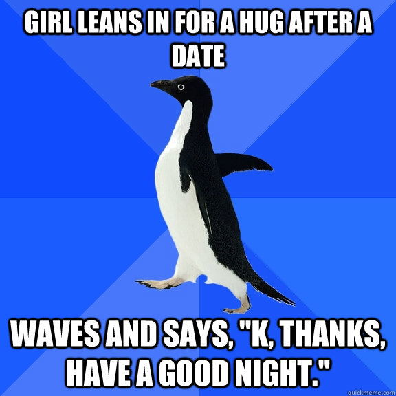 Girl leans in for a hug after a date Waves and says, 