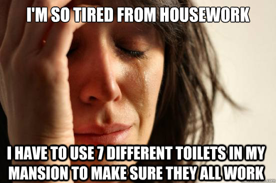 I'M SO TIRED FROM HOUSEWORK I HAVE TO USE 7 DIFFERENT TOILETS IN MY MANSION TO MAKE SURE THEY ALL WORK  First World Problems