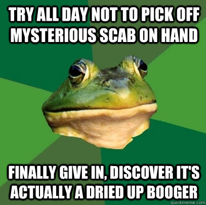 try all day not to pick off mysterious scab on hand finally give in, discover it's actually a dried up booger - try all day not to pick off mysterious scab on hand finally give in, discover it's actually a dried up booger  Foul Bachelor Frog