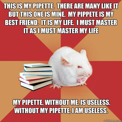 This is my pipette.  There are many like it but this one is mine.  My pippete is my best friend.  It is my life.  I must master it as I must master my life  My pipette, without me, is useless. Without my pipette, I am useless.  