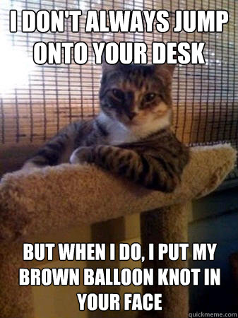 i don't always jump onto your desk but when I do, I put my brown balloon knot in your face - i don't always jump onto your desk but when I do, I put my brown balloon knot in your face  The Most Interesting Cat in the World