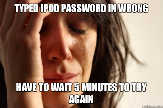 Typed ipod password in wrong Have to wait 5 minutes to try again  First World Problems