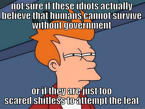 NOT SURE IF THESE IDIOTS ACTUALLY BELIEVE THAT HUMANS CANNOT SURVIVE WITHOUT GOVERNMENT OR IF THEY ARE JUST TOO SCARED SHITLESS TO ATTEMPT THE FEAT Futurama Fry
