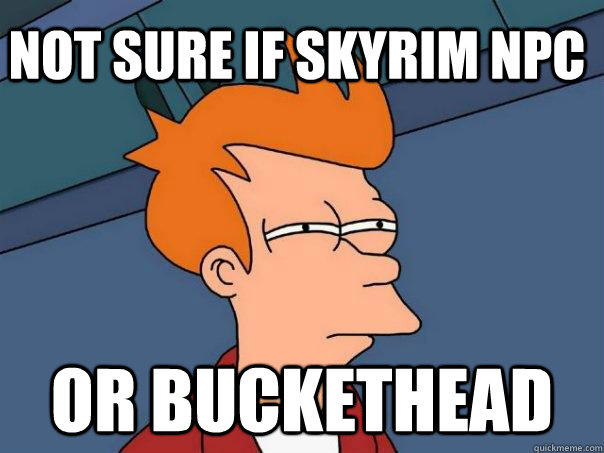 Not sure if skyrim NPC or buckethead  Futurama Fry