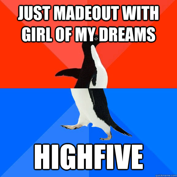 just madeout with girl of my dreams highfive  Socially Awesome Awkward Penguin