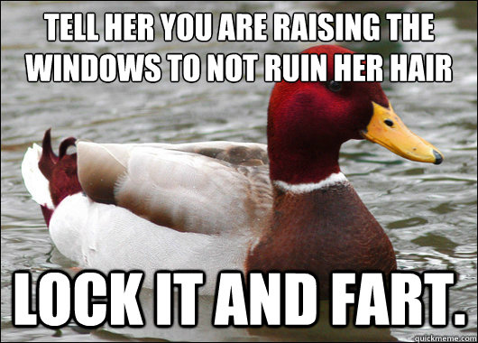 tell her you are raising the windows to not ruin her hair
 lock it and fart.  Malicious Advice Mallard