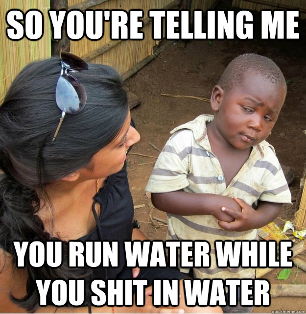 so you're telling me you run water while you shit in water  Skeptical Third World Kid
