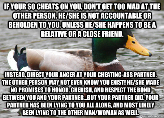 if your so cheats on you, don't get too mad at the other person. he/she is not accountable or beholden to you, unless he/she happens to be a relative or a close friend. instead, direct your anger at your cheating-ass partner. the other person may not even  Actual Advice Mallard