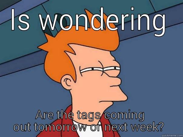 IS WONDERING ARE THE TAGS COMING OUT TOMORROW OR NEXT WEEK?  Futurama Fry