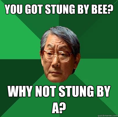 You got stung by bee? why not stung by a?  High Expectations Asian Father