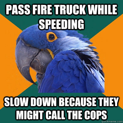 Pass fire truck while speeding Slow down because they might call the cops  Paranoid Parrot