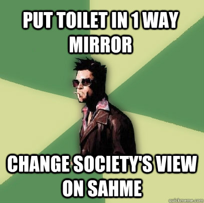 Put toilet in 1 way mirror Change society's view on sahme  Helpful Tyler Durden
