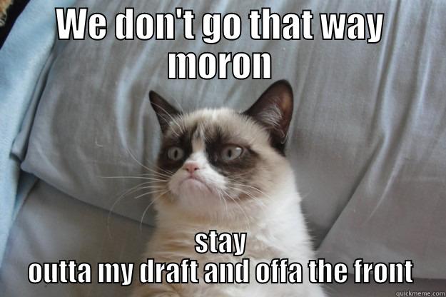 WE DON'T GO THAT WAY MORON STAY OUTTA MY DRAFT AND OFFA THE FRONT Grumpy Cat