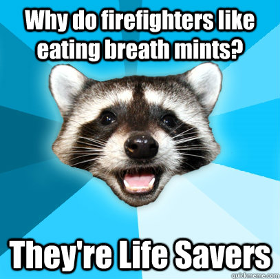 Why do firefighters like eating breath mints? They're Life Savers   Lame Pun Coon
