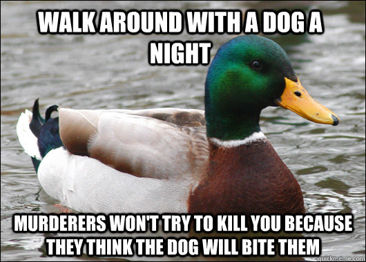 Walk Around with a dog a night Murderers won't try to kill you because they think the dog will bite them  Actual Advice Mallard