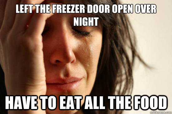 LEFT THE FREEZER DOOR OPEN OVER NIGHT HAVE TO EAT ALL THE FOOD - LEFT THE FREEZER DOOR OPEN OVER NIGHT HAVE TO EAT ALL THE FOOD  First World Problems