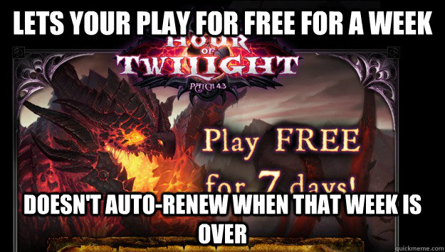 Lets your play for free for a week Doesn't auto-renew when that week is over  