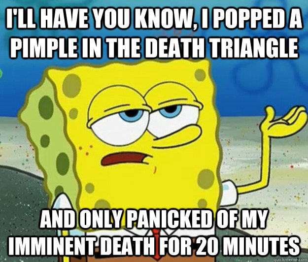 I'll have you know, I popped a pimple in the death triangle and only panicked of my imminent death for 20 minutes - I'll have you know, I popped a pimple in the death triangle and only panicked of my imminent death for 20 minutes  Tough Spongebob