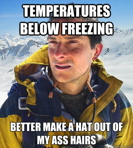 Temperatures below freezing better make a hat out of my ass hairs  Bear Grylls