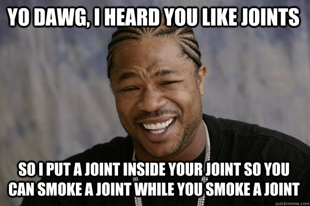 yo dawg, i heard you like joints so i put a joint inside your joint so you can smoke a joint while you smoke a joint - yo dawg, i heard you like joints so i put a joint inside your joint so you can smoke a joint while you smoke a joint  Xzibit meme