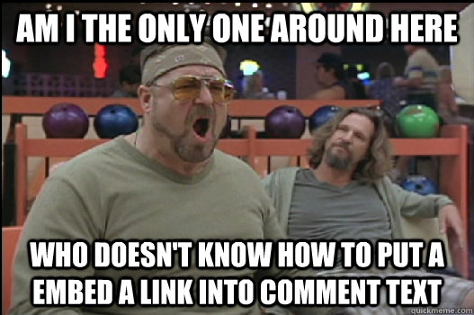 Am I the only one around here who doesn't know how to put a embed a link into comment text  Angry Walter