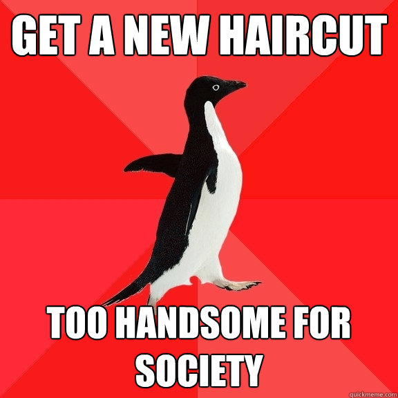Get a new haircut TOO HANDSOME FOR SOCIETY  Socially Awesome Penguin
